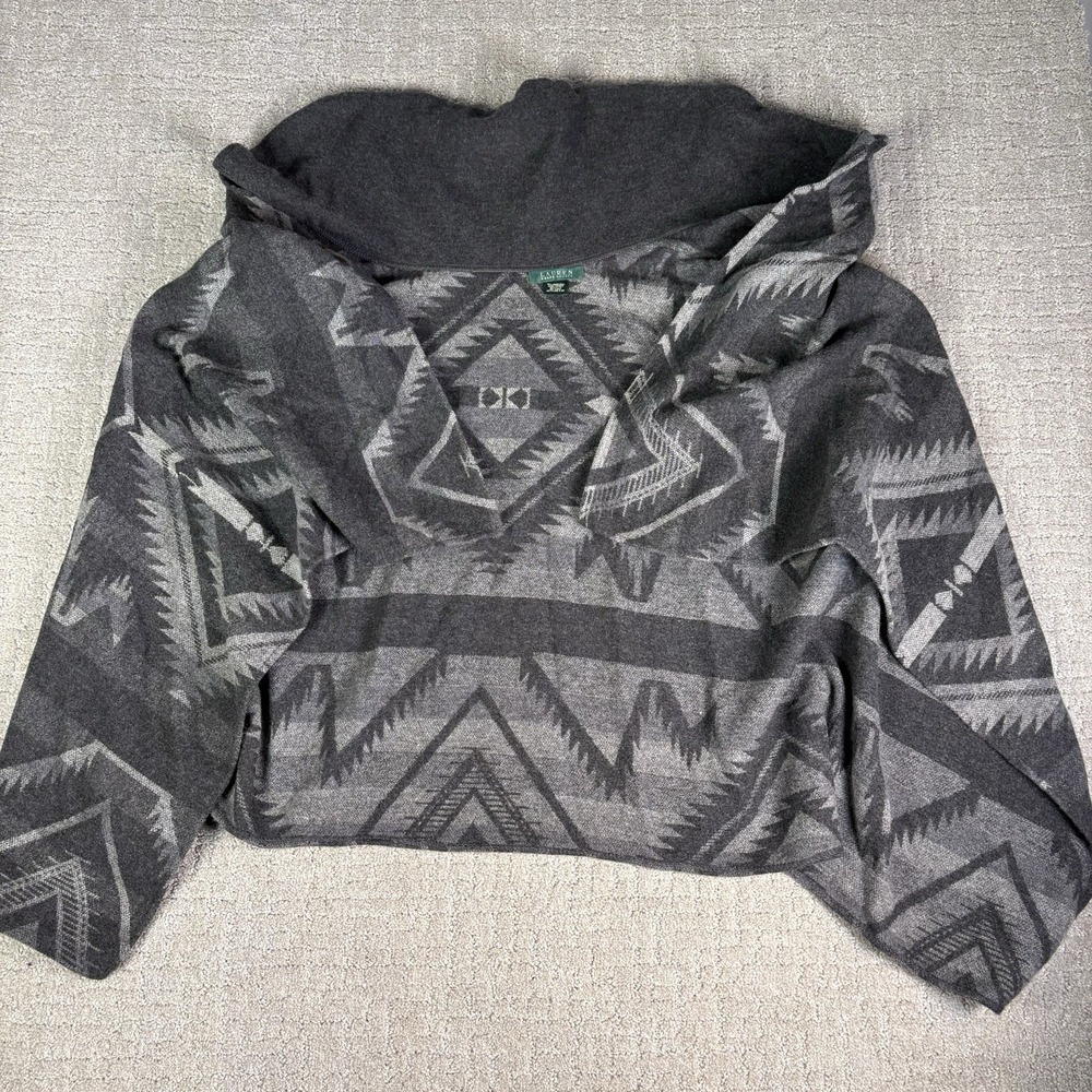 Lauren Ralph Lauren Wool Cape Poncho Gray Aztec One Size Made in Italy